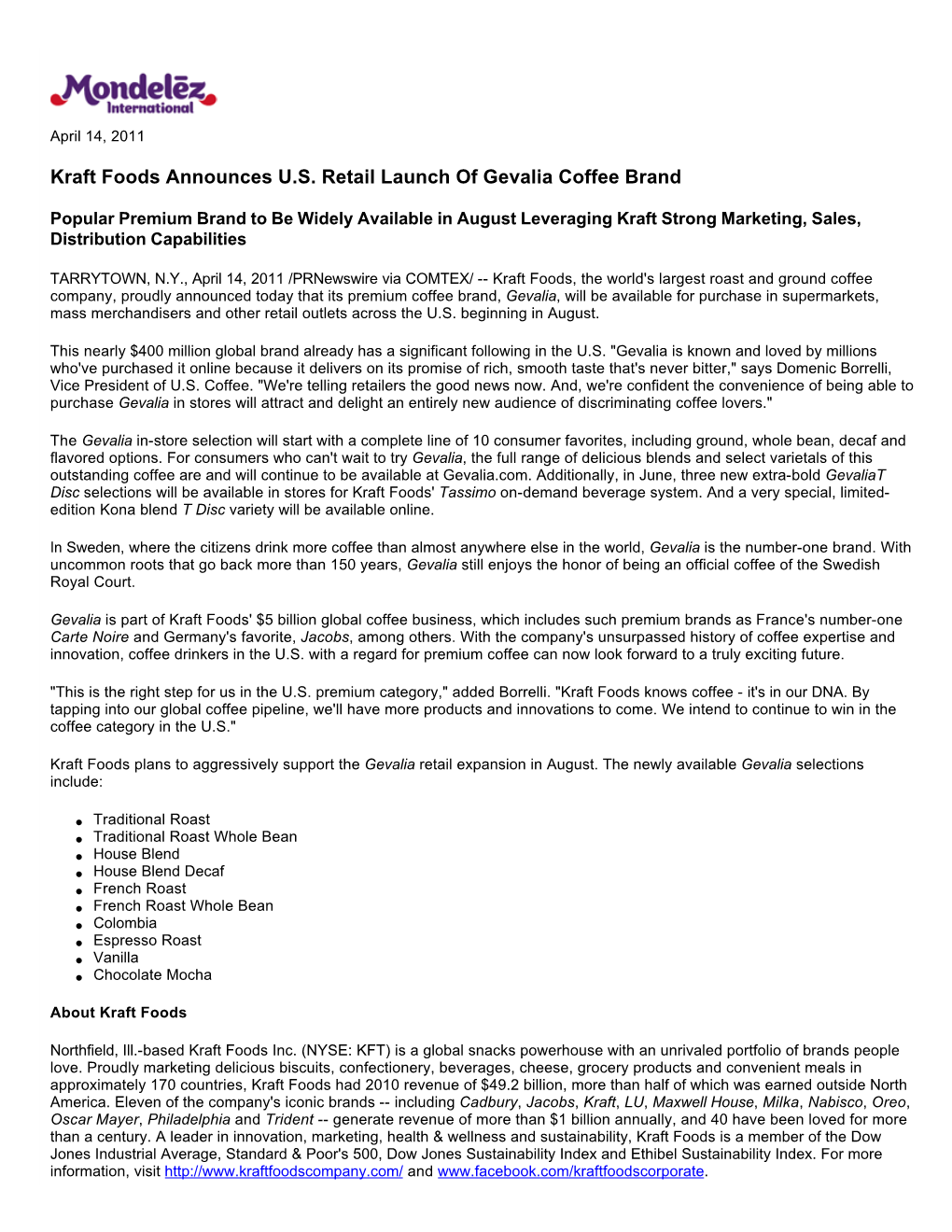 Kraft Foods Announces U.S. Retail Launch of Gevalia Coffee Brand