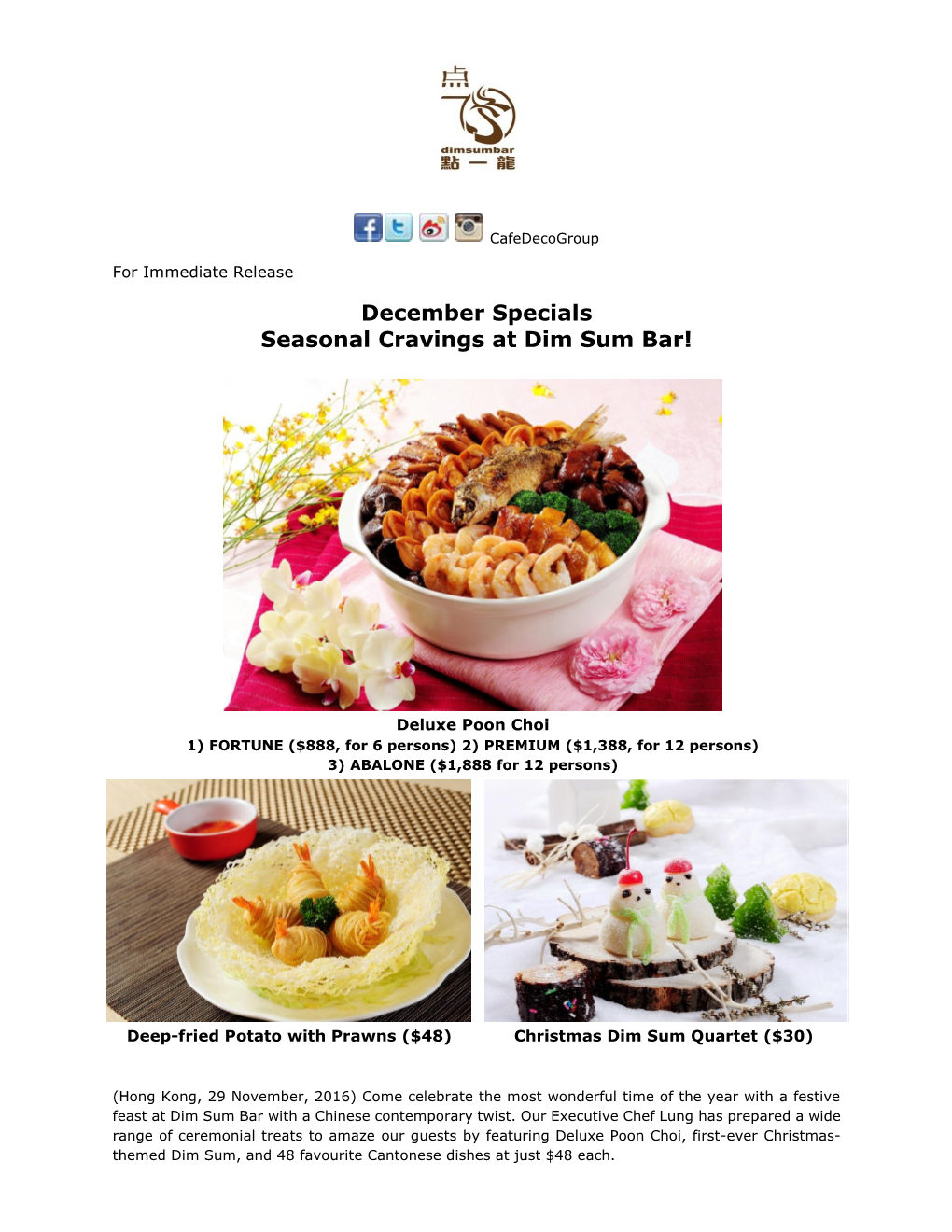 December Specials Seasonal Cravings at Dim Sum Bar!