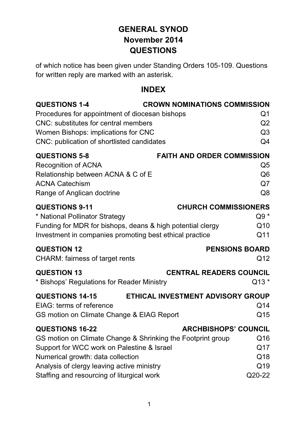 GENERAL SYNOD November 2014 QUESTIONS of Which Notice Has Been Given Under Standing Orders 105-109