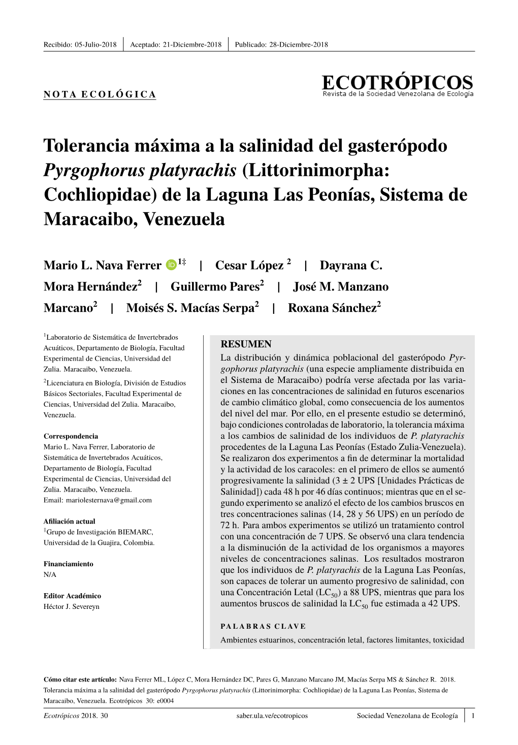 Tolerancia Máxima a La Salinidad Del Gasterópodo Pyrgophorus Platyrachis (Littorinimorpha: Cochliopidae) De La Laguna Las Peonías, Sistema De Maracaibo, Venezuela