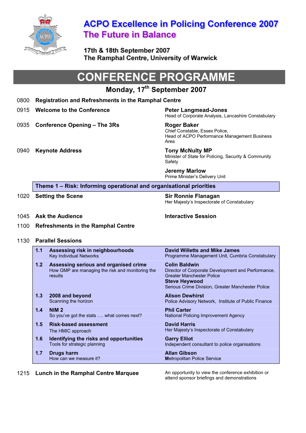 CONFERENCE PROGRAMME Monday, 17Th September 2007