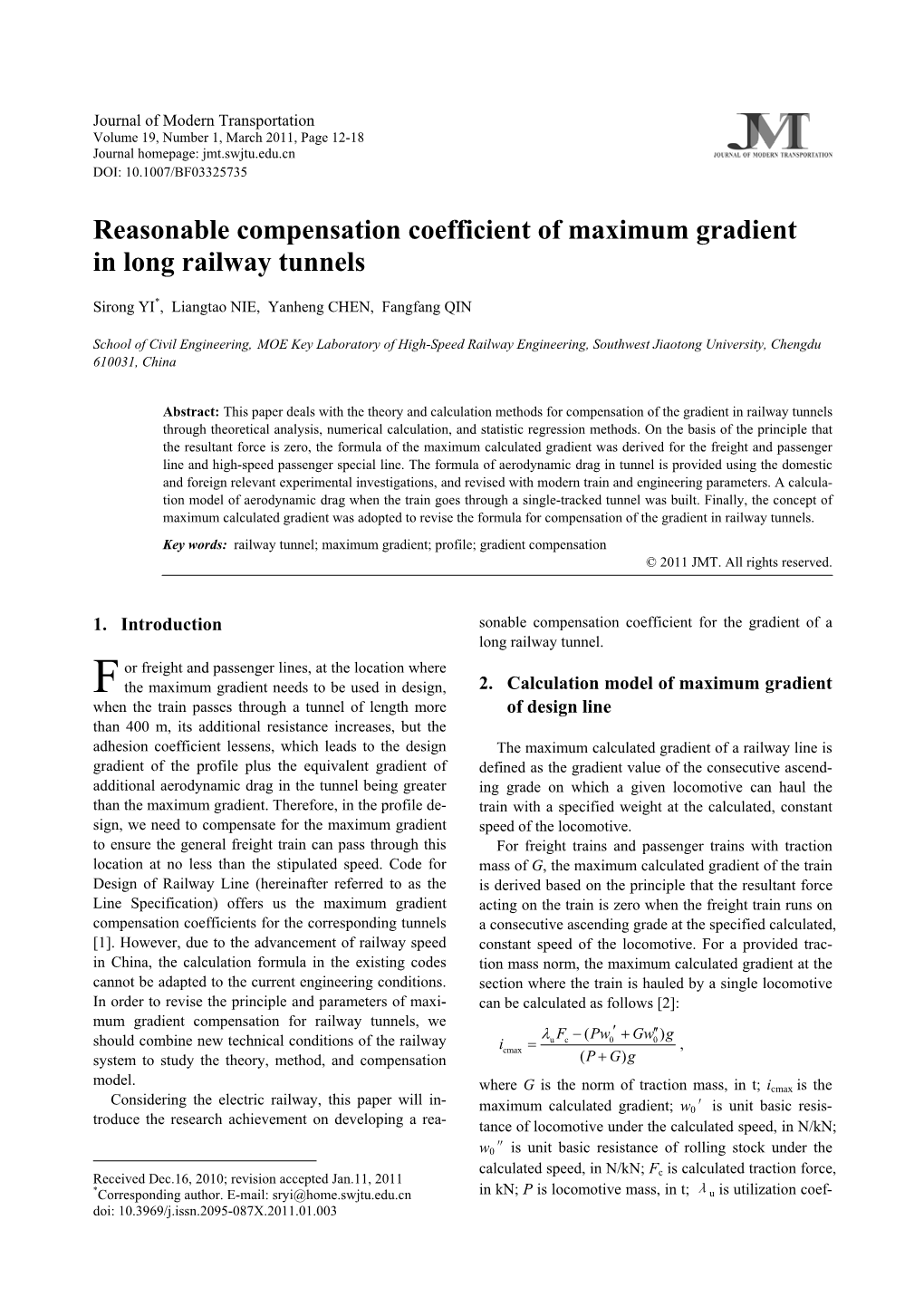 Reasonable Compensation Coefficient of Maximum Gradient in Long Railway Tunnels