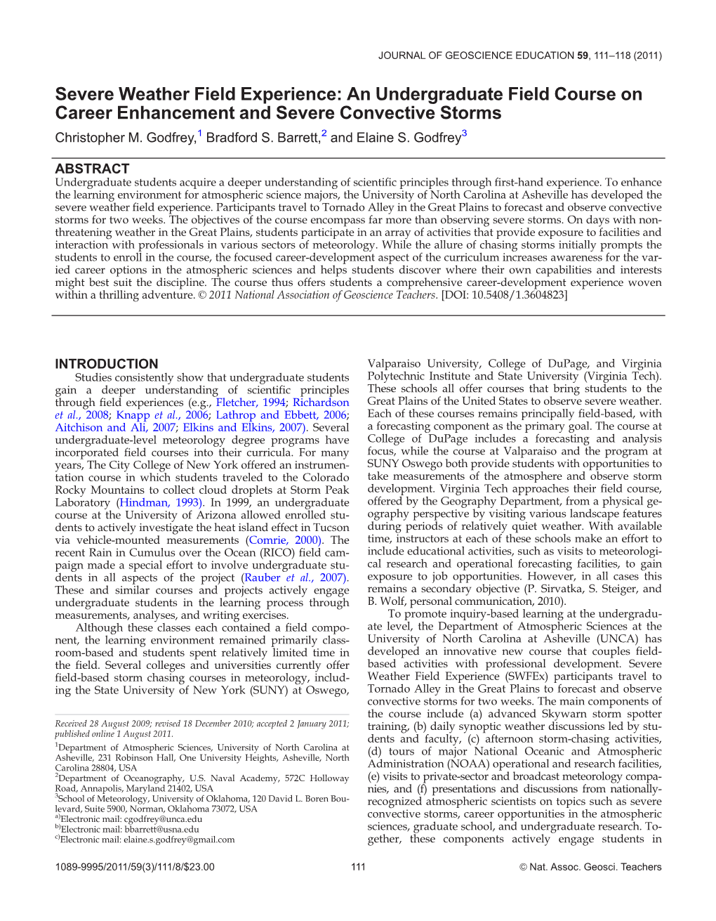 An Undergraduate Field Course on Career Enhancement and Severe Convective Storms Christopher M