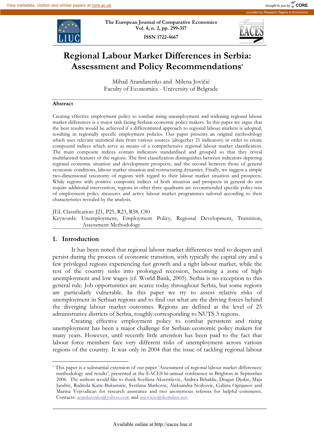 Regional Labour Market Differences in Serbia: Assessment and Policy Recommendations*