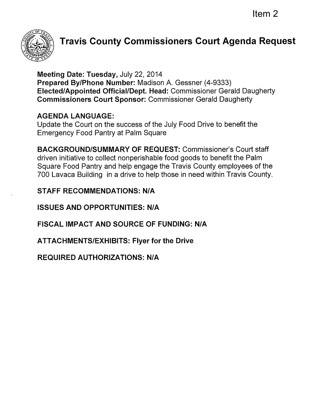 Travis County Commissioners Court Agenda Request