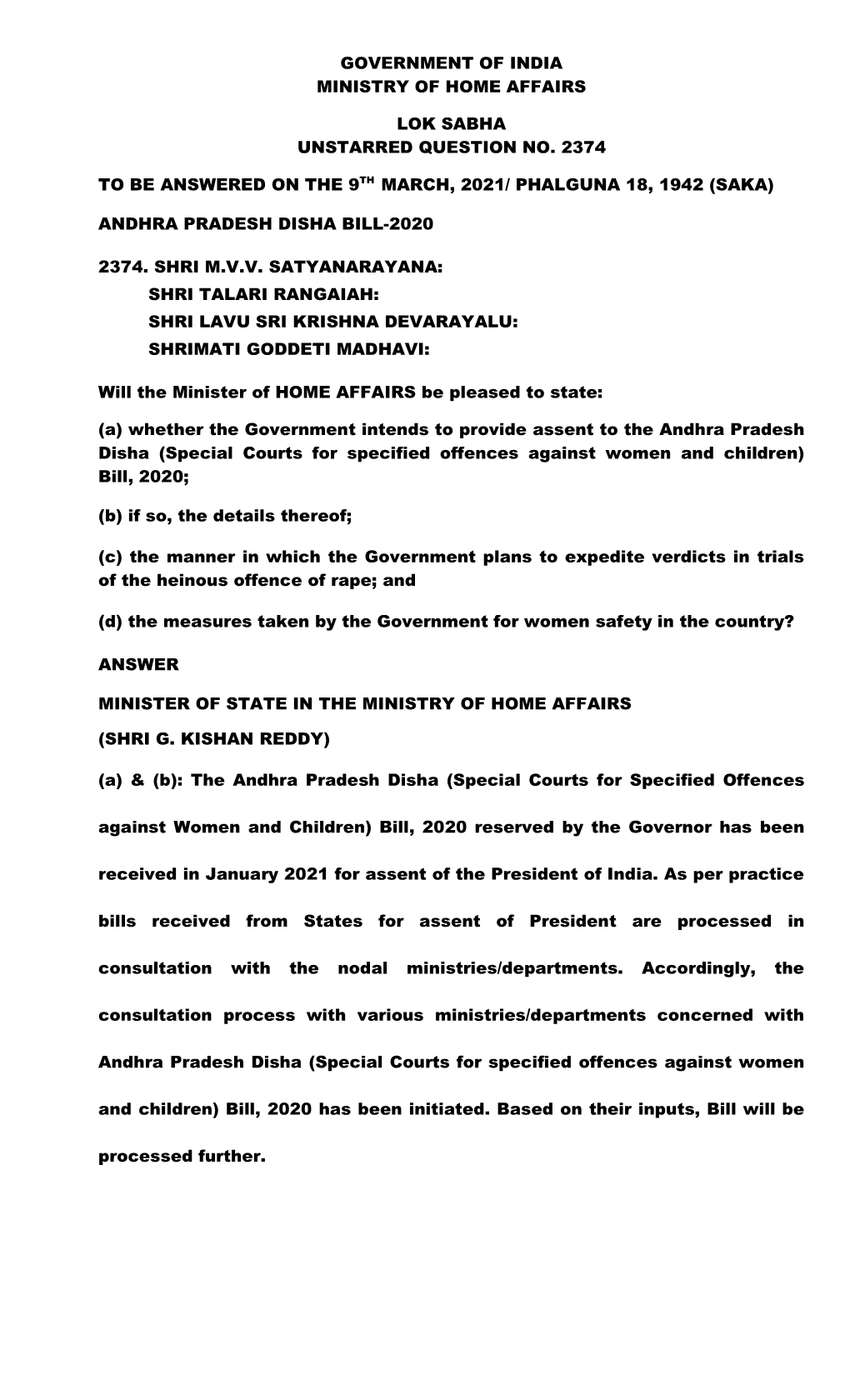 Government of India Ministry of Home Affairs Lok Sabha Unstarred Question No. 2374 to Be Answered on the 9Th March, 2021/ Phalg