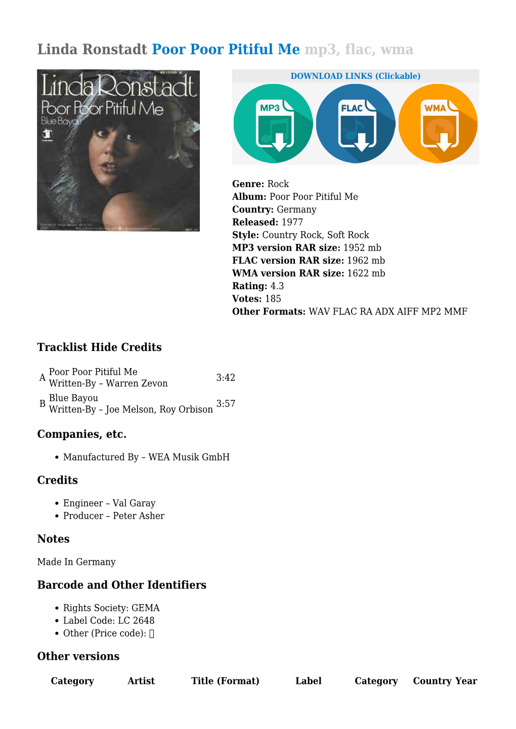 Linda Ronstadt Poor Poor Pitiful Me Mp3, Flac, Wma