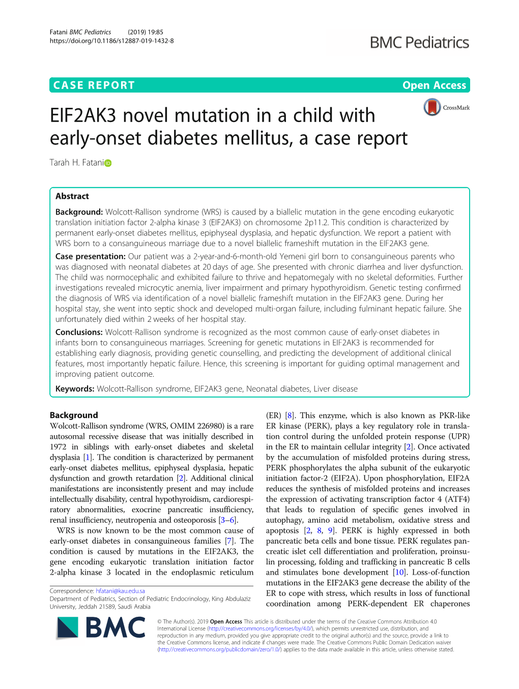 EIF2AK3 Novel Mutation in a Child with Early-Onset Diabetes Mellitus, a Case Report Tarah H