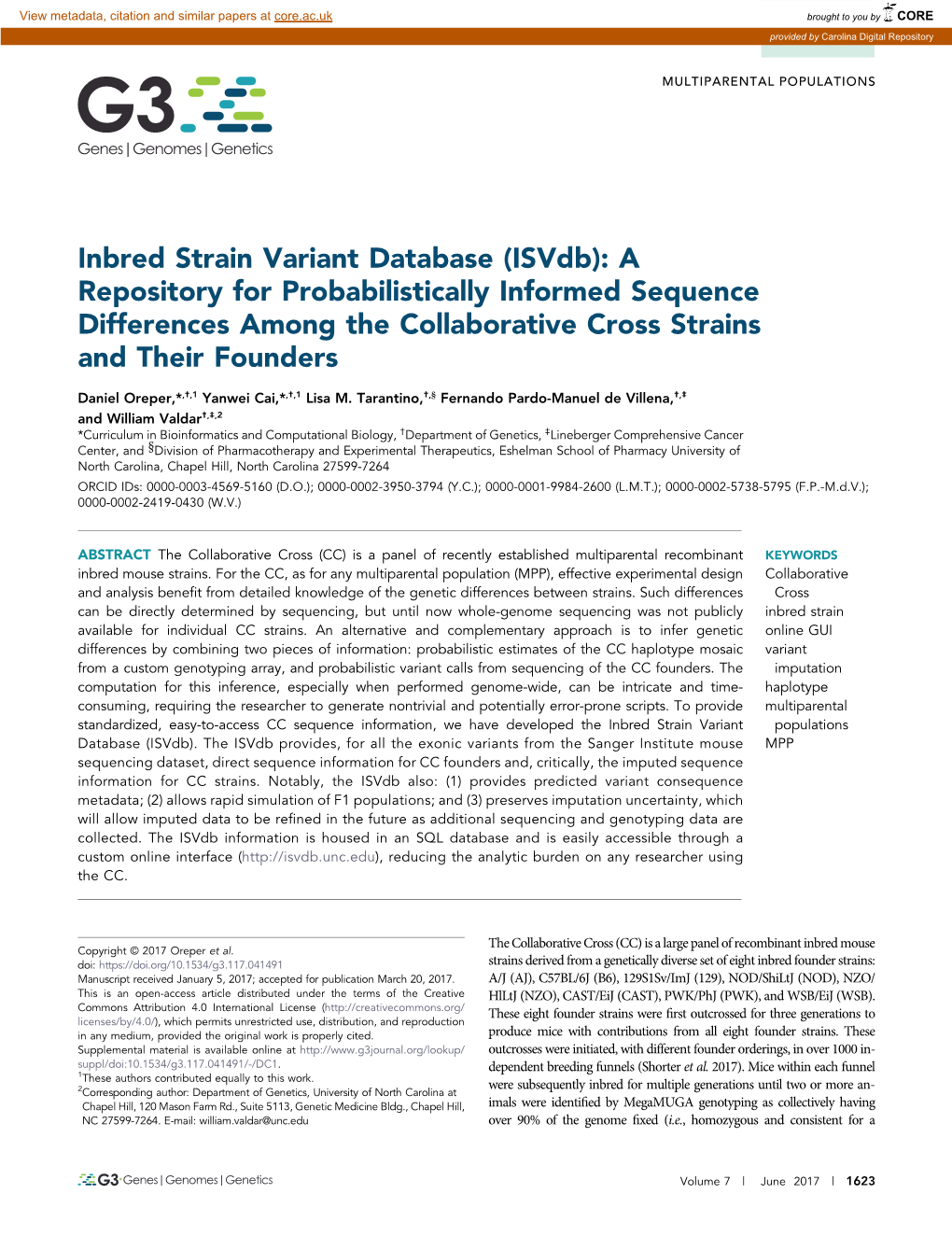 Inbred Strain Variant Database (Isvdb): a Repository for Probabilistically Informed Sequence Differences Among the Collaborative Cross Strains and Their Founders