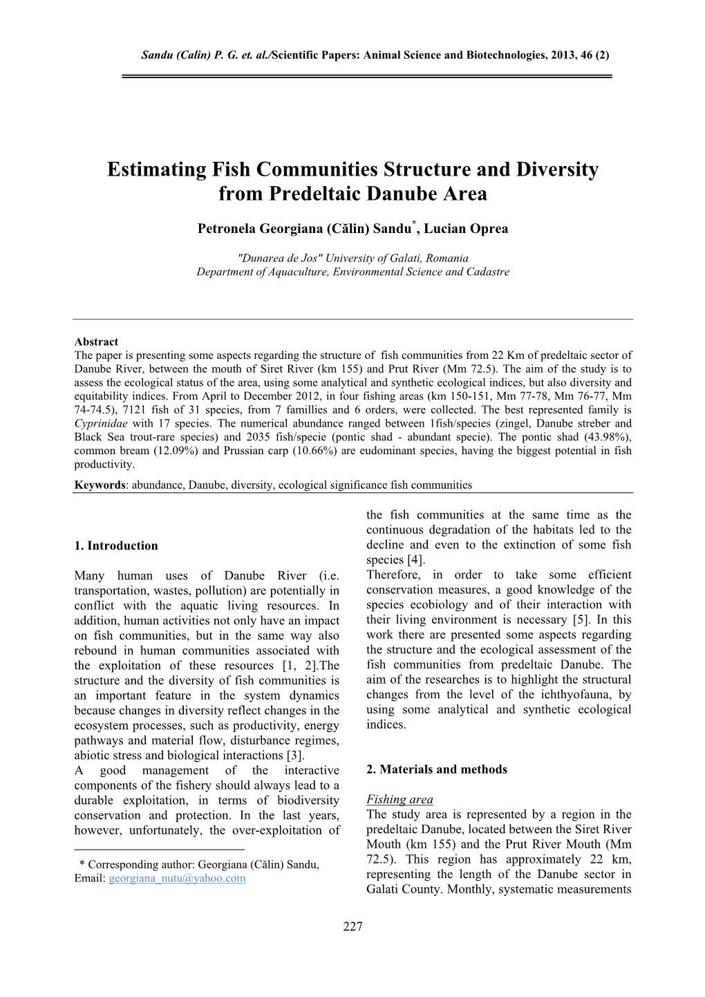 Estimating Fish Communities Structure and Diversity from Predeltaic Danube Area