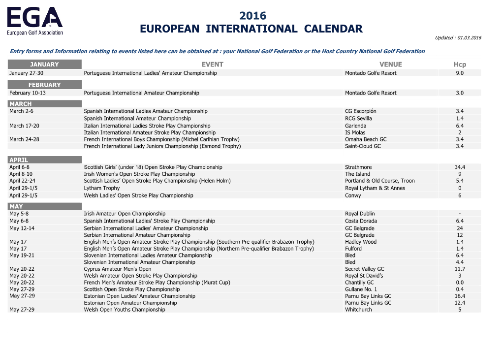 2016 EUROPEAN INTERNATIONAL CALENDAR Updated : 01.03.2016