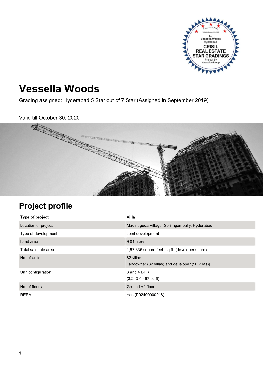 Vessella Woods Grading Assigned: Hyderabad 5 Star out of 7 Star (Assigned in September 2019)