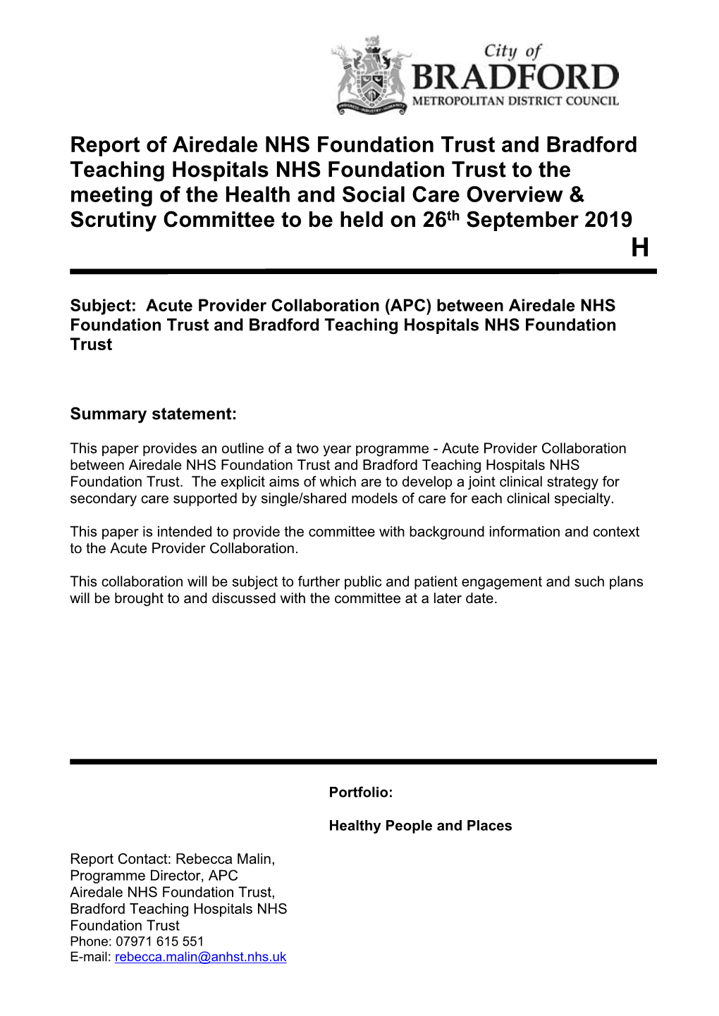 Report of Airedale NHS Foundation Trust and Bradford Teaching