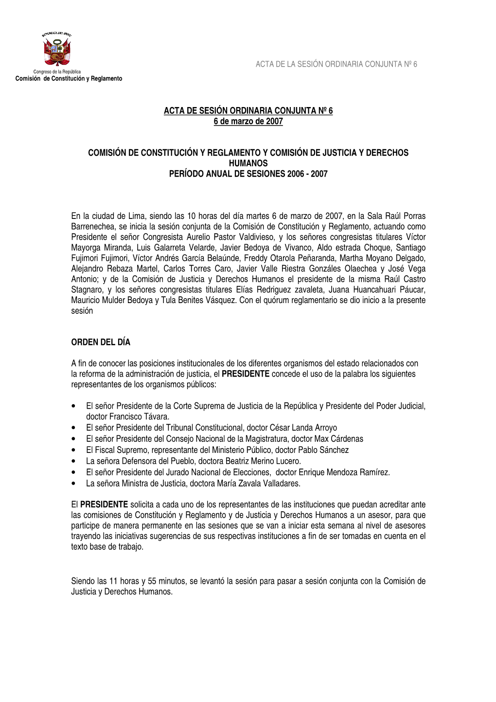 ACTA DE SESIÓN ORDINARIA CONJUNTA Nº 6 6 De Marzo De 2007