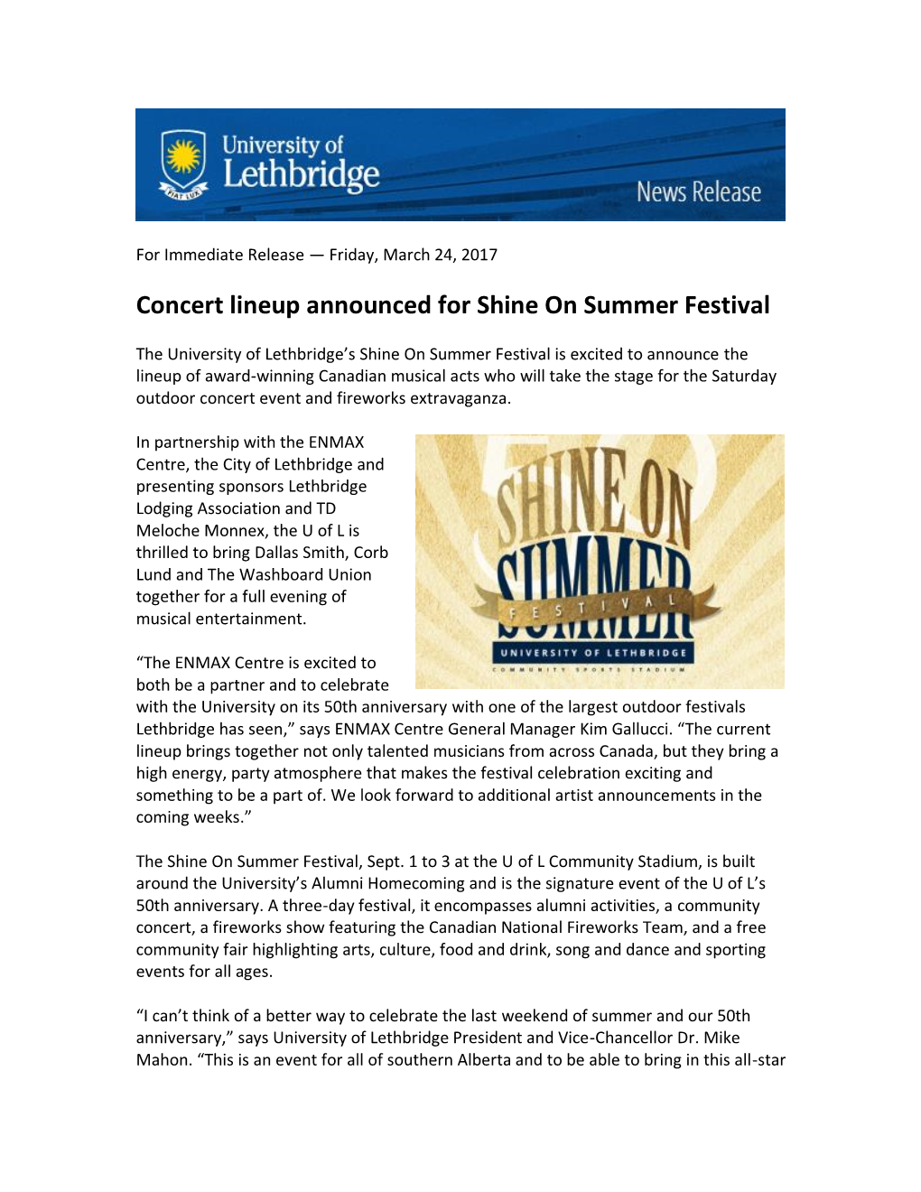 Concert Lineup Announced for Shine on Summer Festival