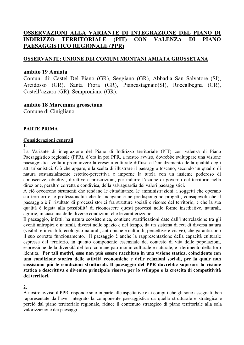 Pit) Con Valenza Di Piano Paesaggistico Regionale (Ppr)