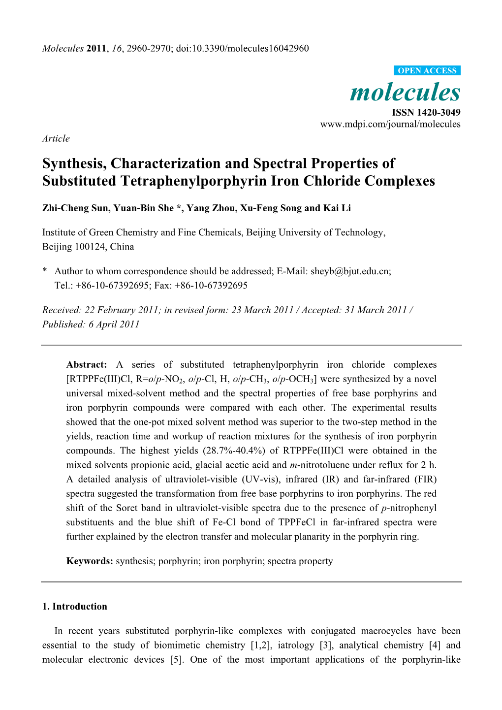 Synthesis, Characterization and Spectral Properties of Substituted Tetraphenylporphyrin Iron Chloride Complexes