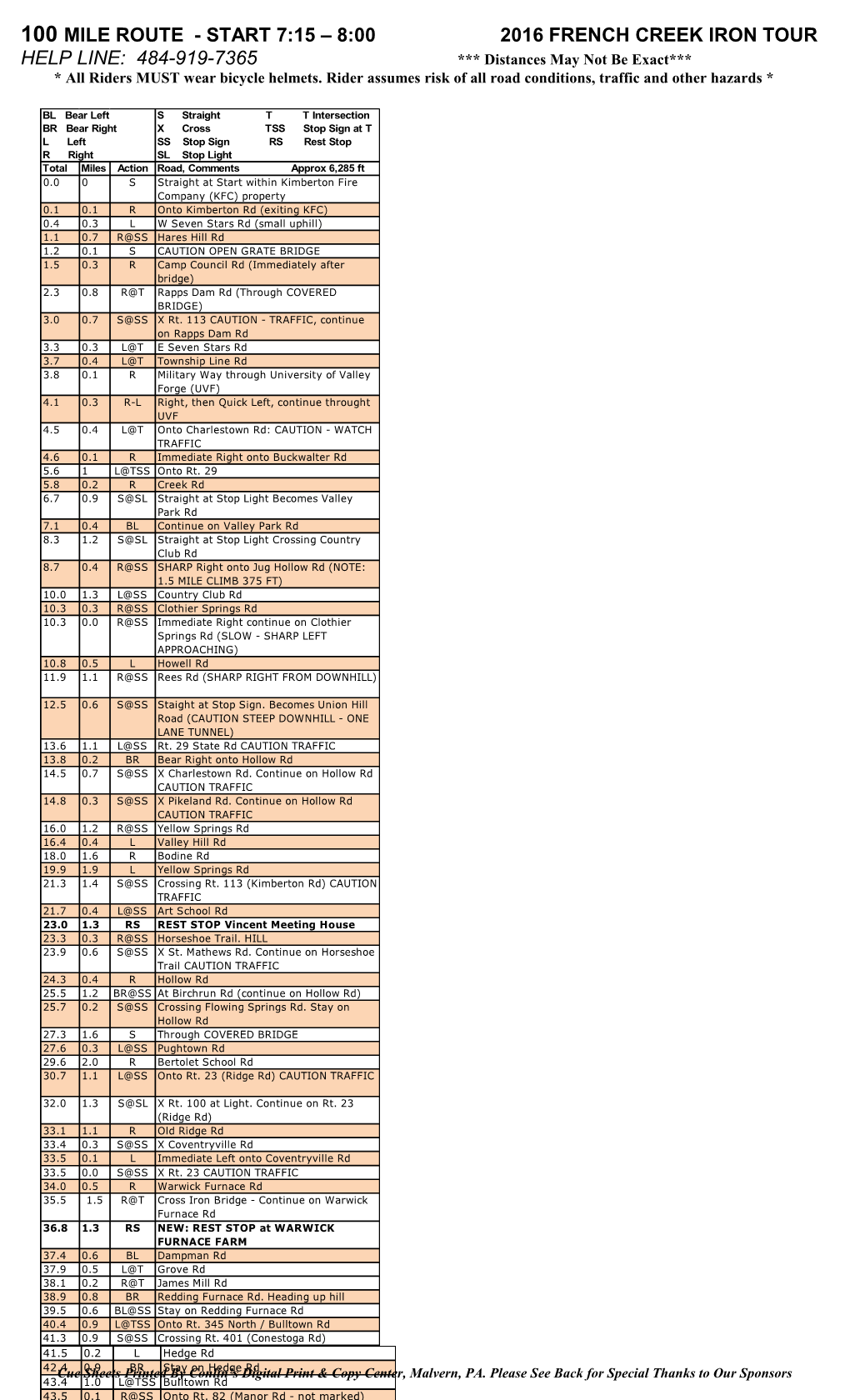 100 Mile Route - Start 7:15 8:00 2016 French Creek Iron Tour