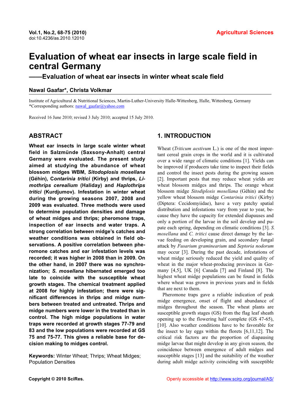 Evaluation of Wheat Ear Insects in Large Scale Field in Central Germany ——Evaluation of Wheat Ear Insects in Winter Wheat Scale Field