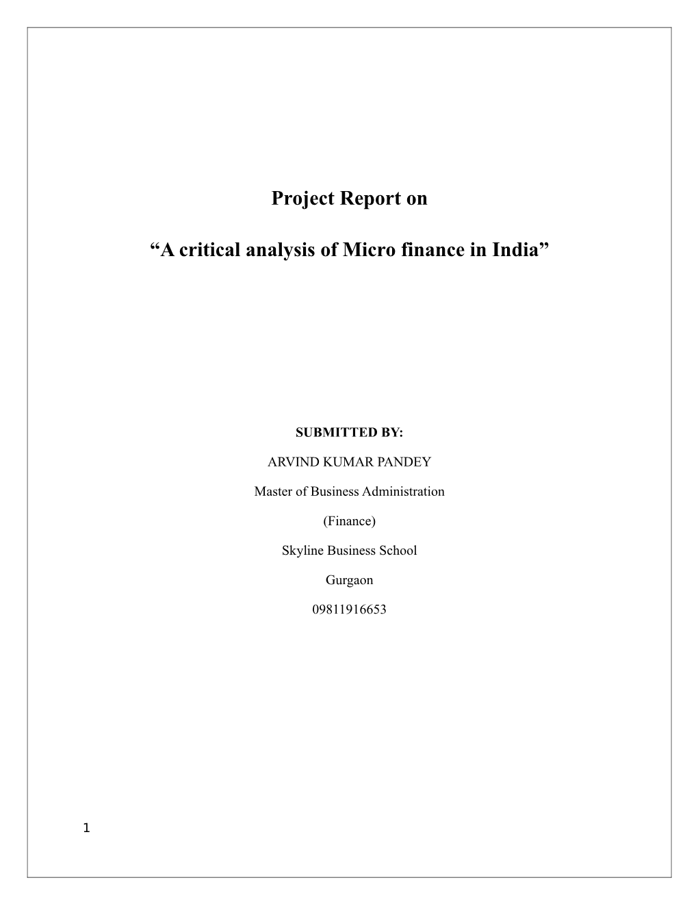 Project Report on “A Critical Analysis of Micro Finance in India”