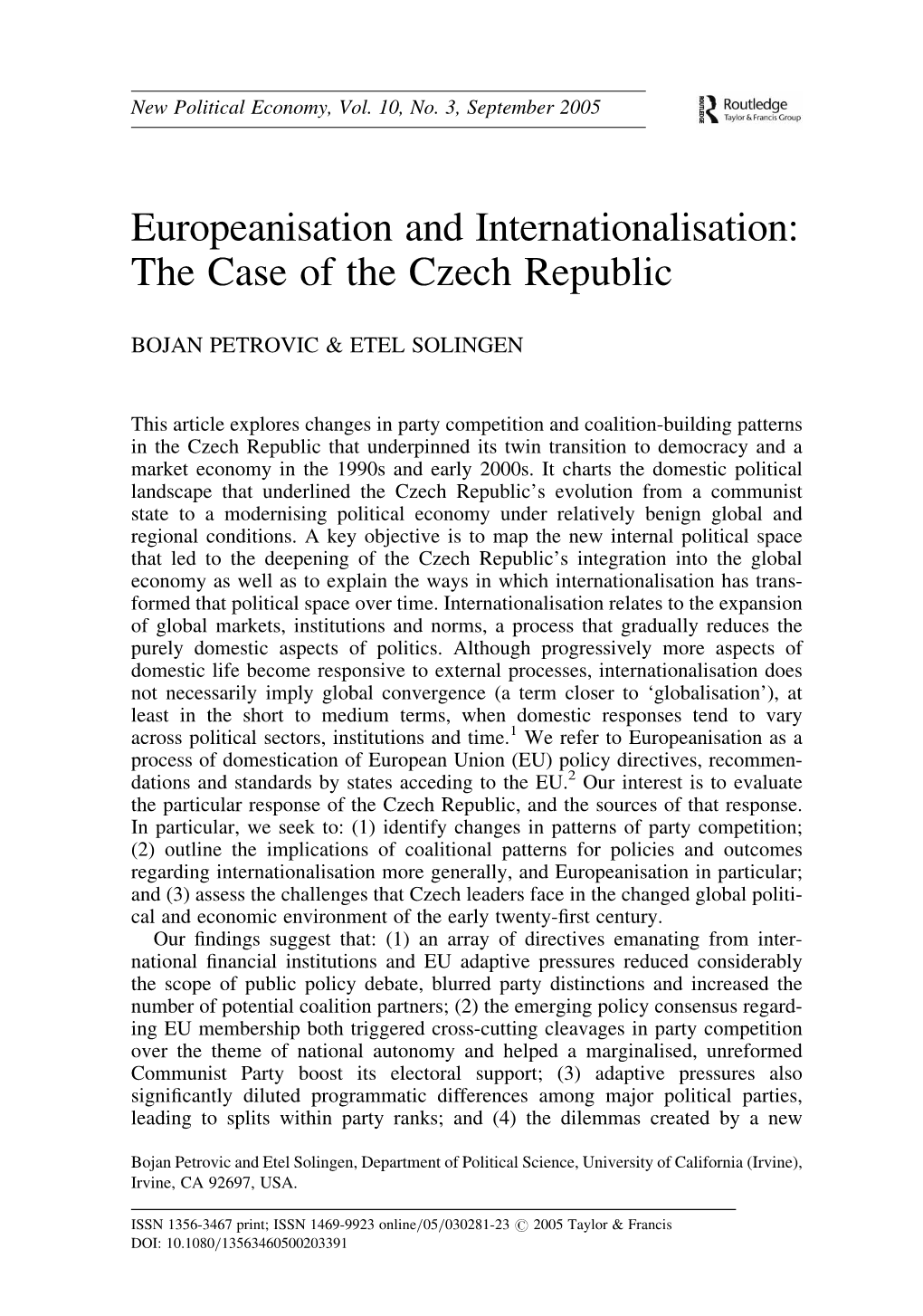 Europeanisation and Internationalisation: the Case of the Czech Republic