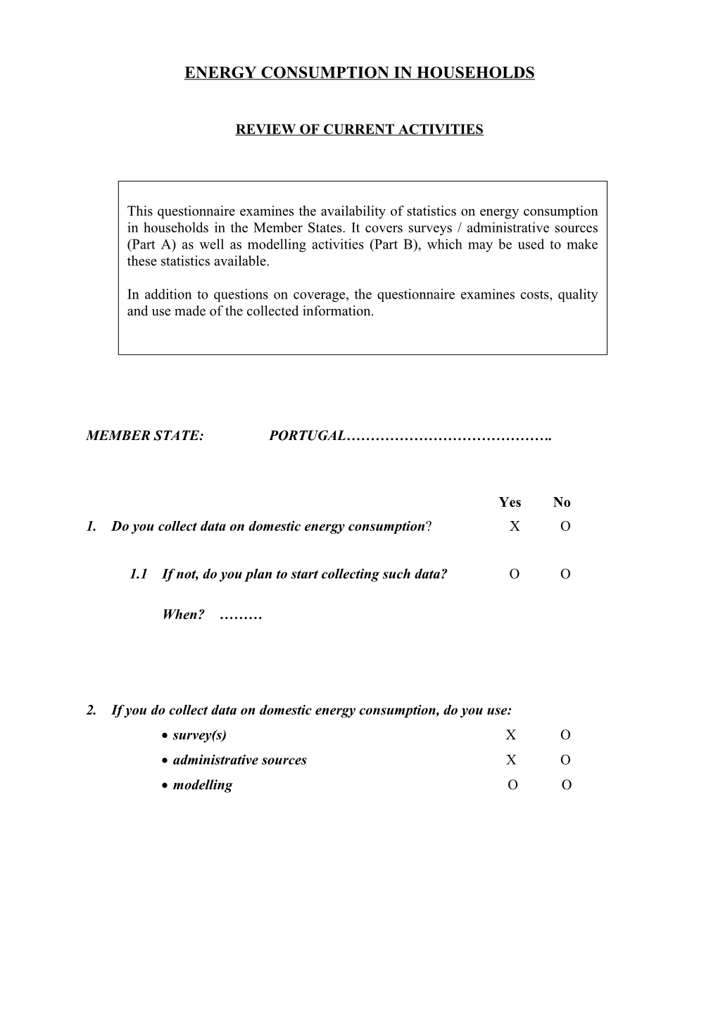 Questionnaire to Review Current Activities and Associated Costs