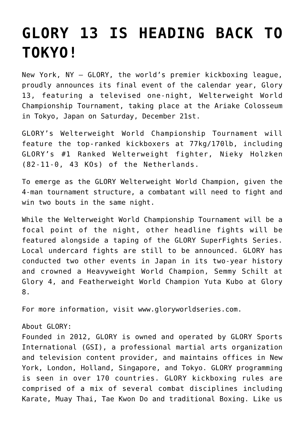 Glory 13 Is Heading Back to Tokyo!
