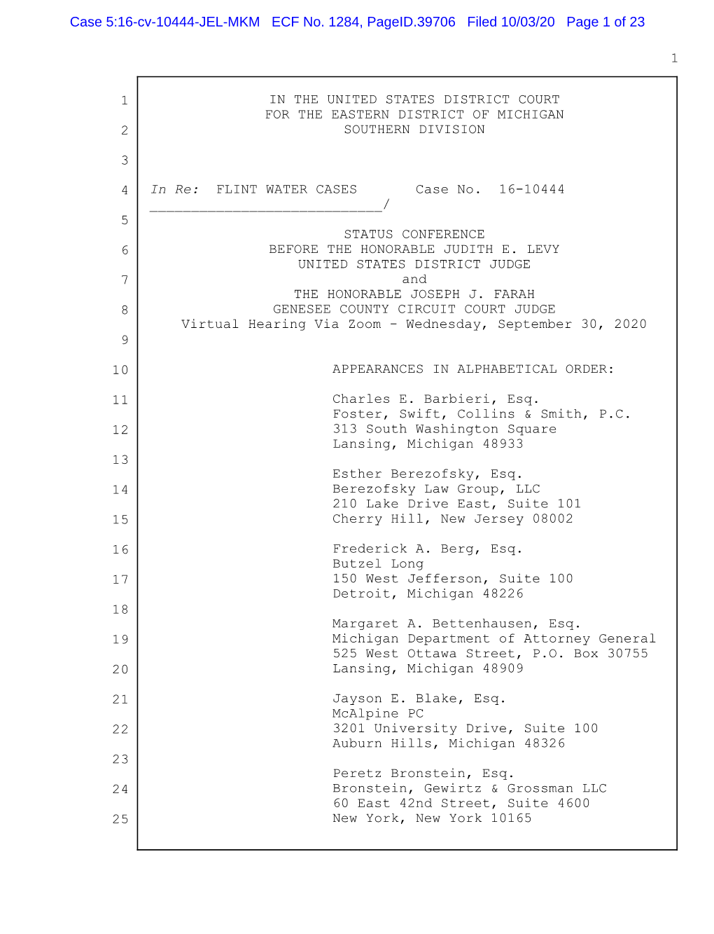 Case 5:16-Cv-10444-JEL-MKM ECF No. 1284, Pageid.39706 Filed 10/03/20 Page 1 of 23