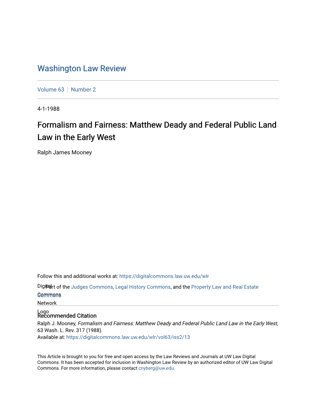 Matthew Deady and Federal Public Land Law in the Early West