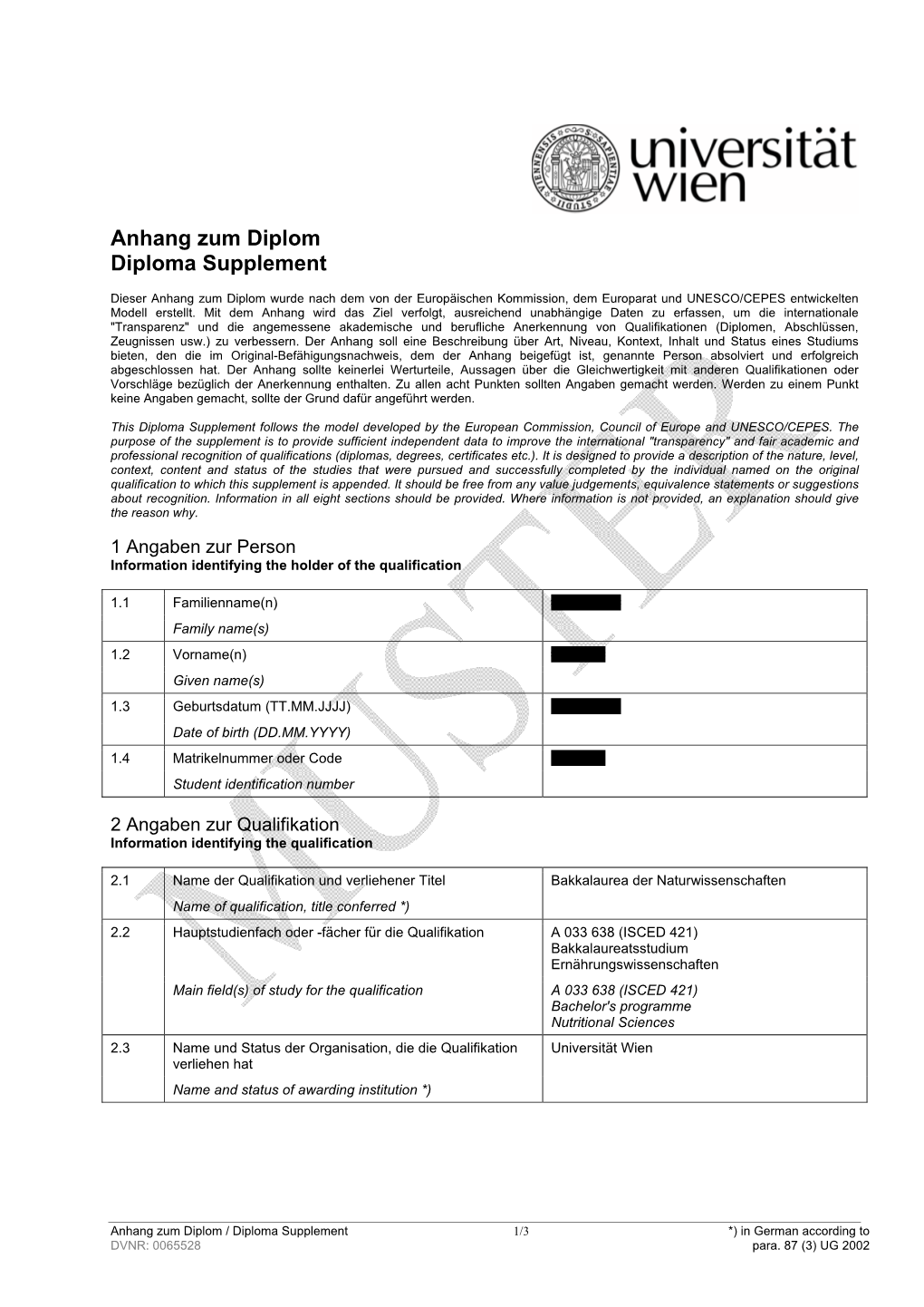 Anhang Zum Diplom Diploma Supplement