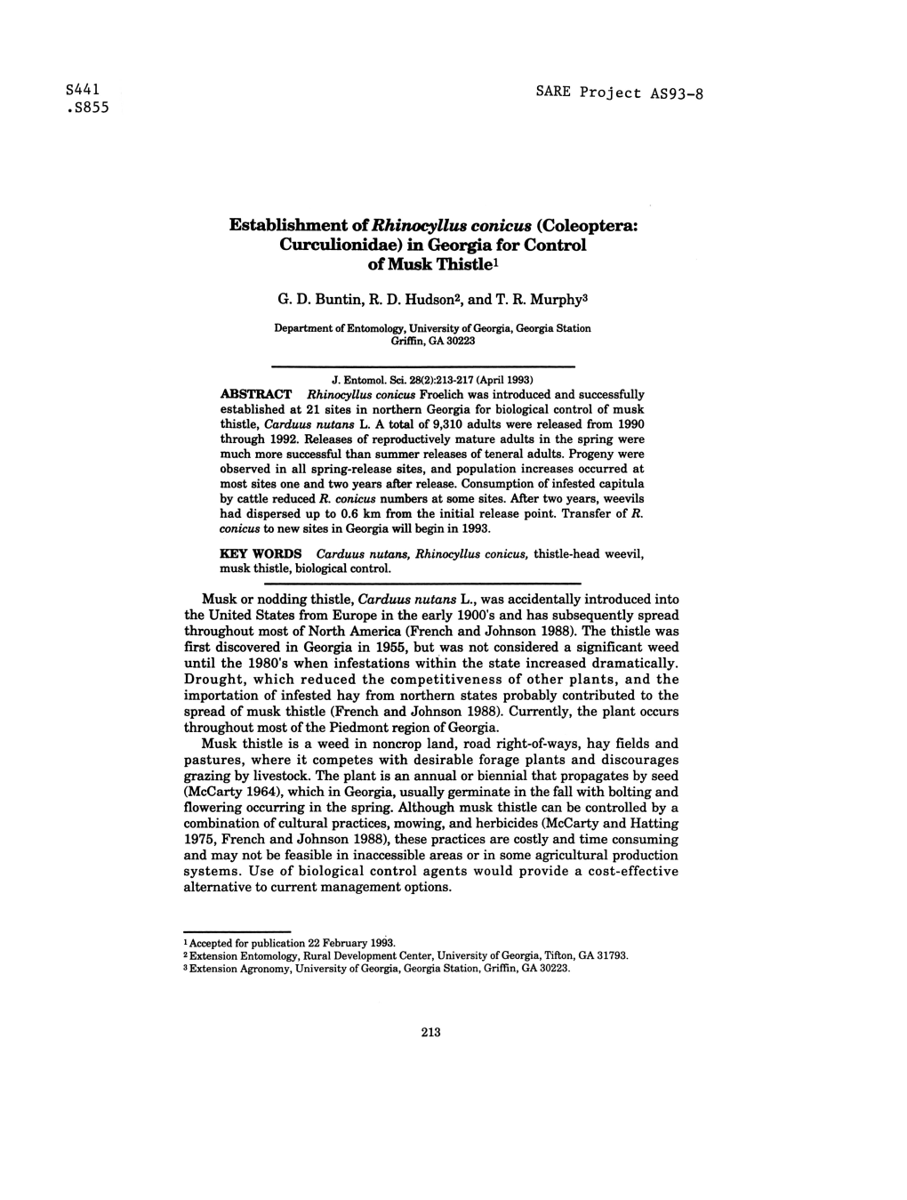 Establishment of Rhinocyllus Conicus (Coleoptera: Curculionidae) in Georgia for Control of Musk Thistle1