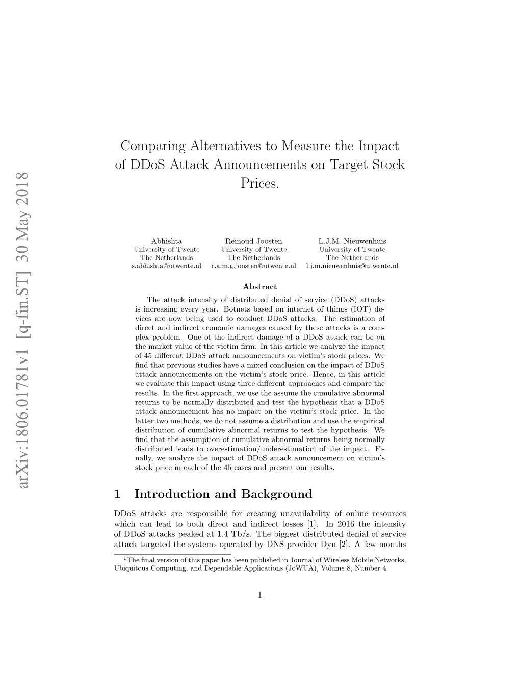 Comparing Alternatives to Measure the Impact of Ddos Attack Announcements on Target Stock Prices