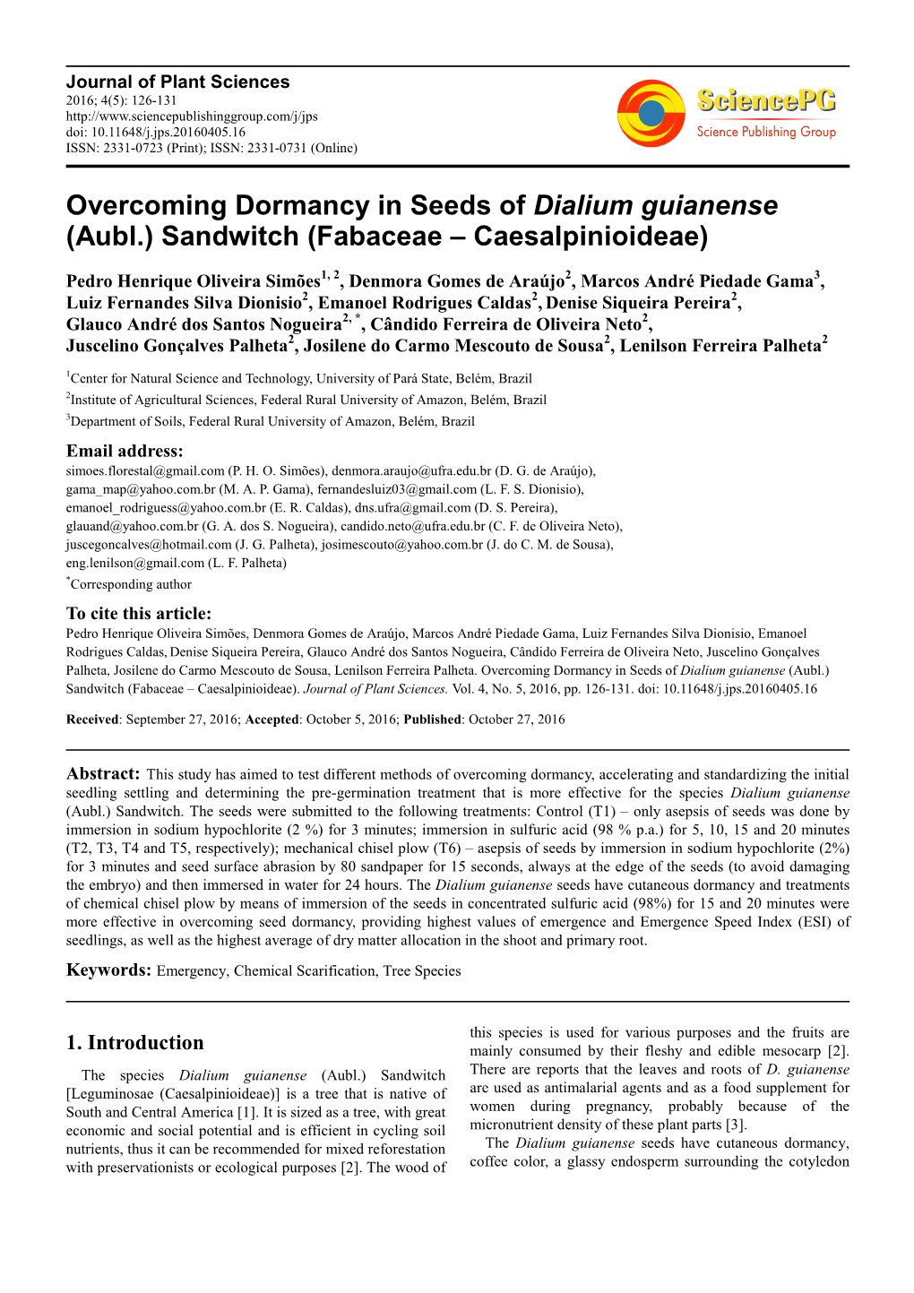 Overcoming Dormancy in Seeds of Dialium Guianense (Aubl.) Sandwitch (Fabaceae – Caesalpinioideae)