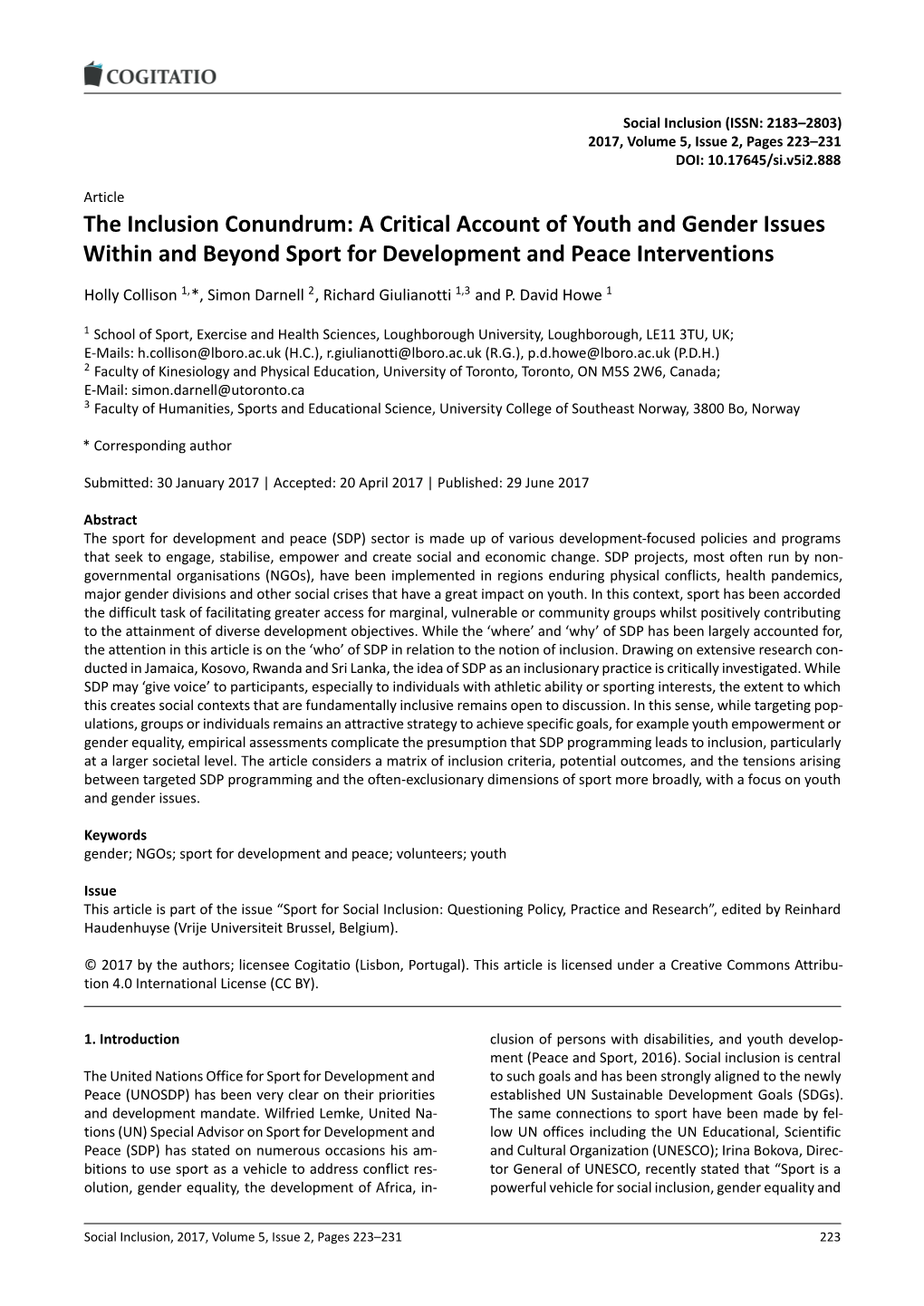 The Inclusion Conundrum: a Critical Account of Youth and Gender Issues Within and Beyond Sport for Development and Peace Interventions