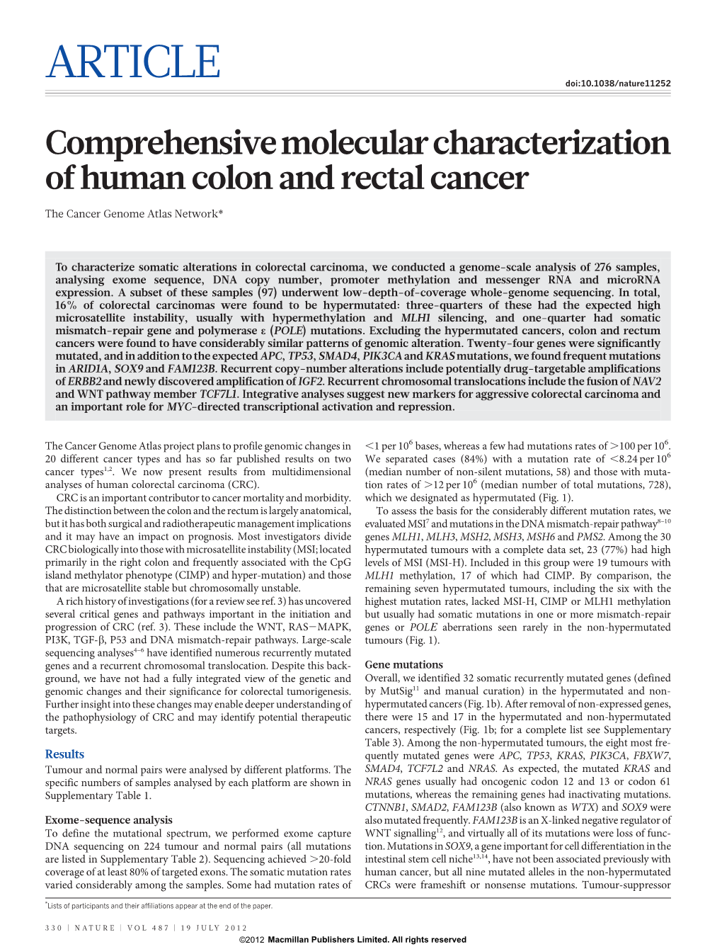 Comprehensive Molecular Characterization of Human Colon and Rectal Cancer