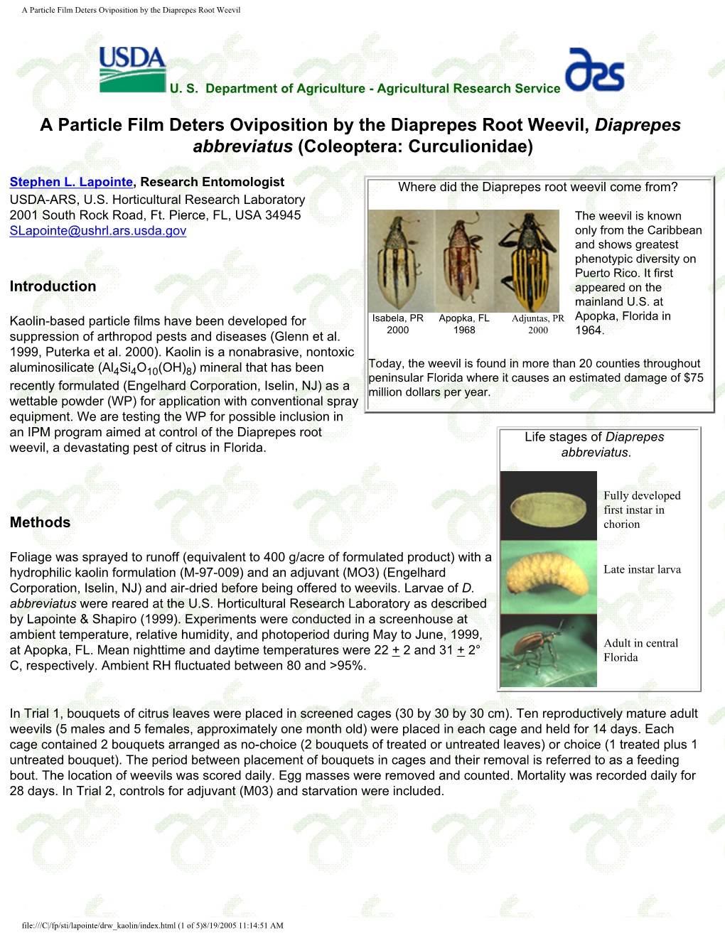 A Particle Film Deters Oviposition by the Diaprepes Root Weevil