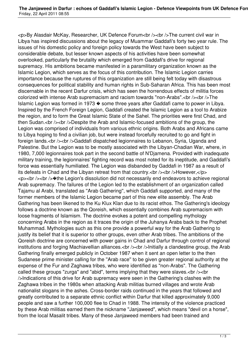 The Janjaweed in Darfur : Echoes of Gaddafi's Islamic Legion - Defence Viewpoints from UK Defence Forum Friday, 22 April 2011 08:55