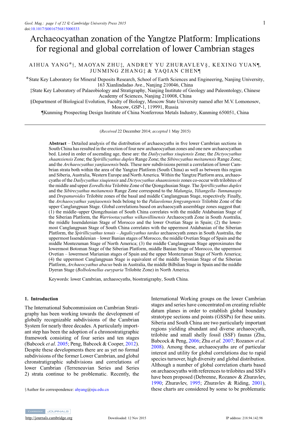 Archaeocyathan Zonation of the Yangtze Platform: Implications for Regional and Global Correlation of Lower Cambrian Stages