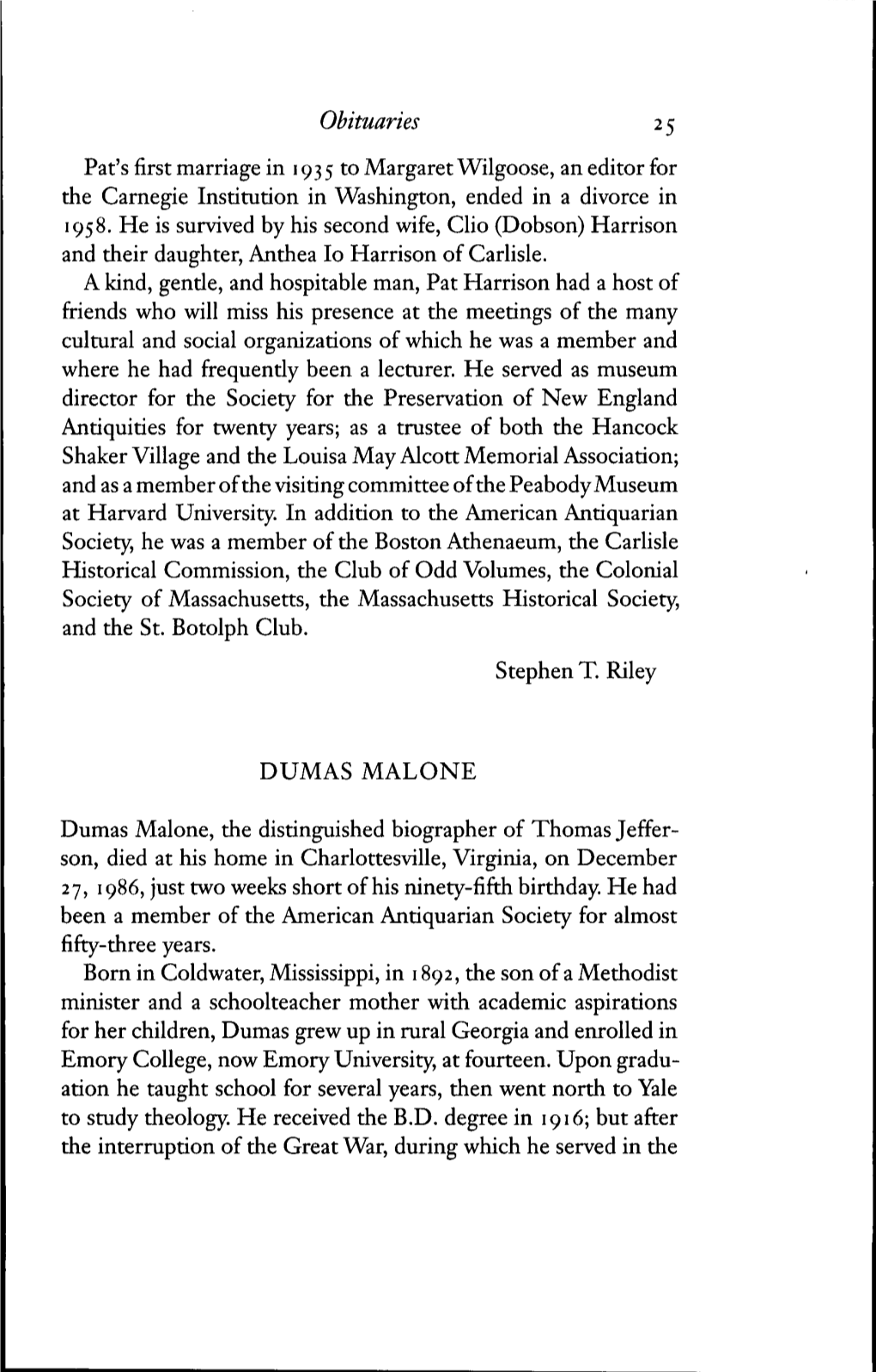 Obituaries 25 Pat's First Marriage in 1935 to Margaret Wilgoose, an Editor for the Carnegie Institution in Washington, Ended in a Divorce in 1958