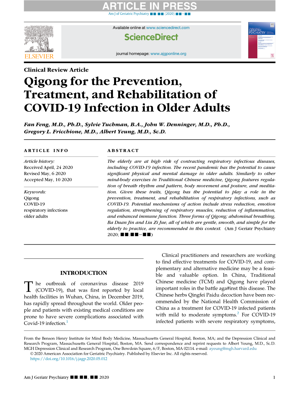 Qigong for the Prevention, Treatment, and Rehabilitation of COVID-19 Infection in Older Adults