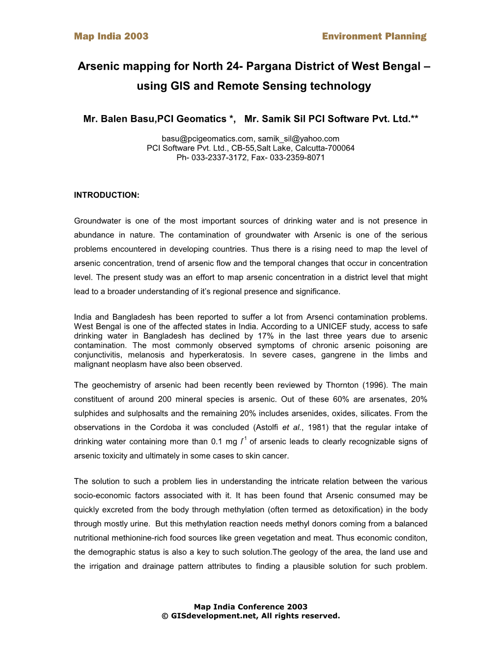 Arsenic Mapping for North 24- Pargana District of West Bengal –