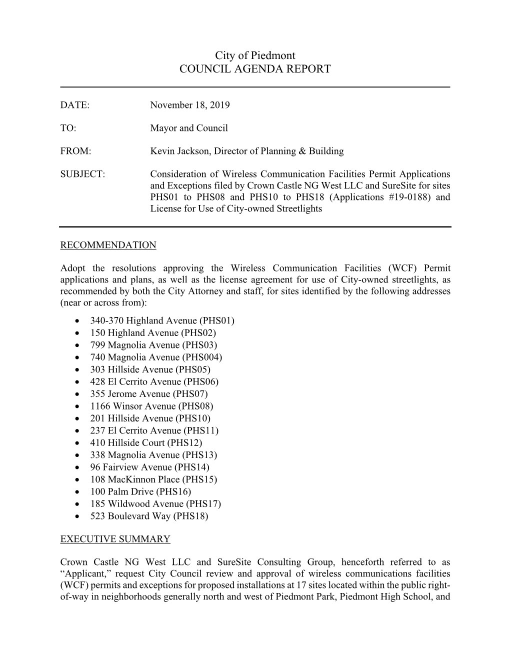 City of Piedmont COUNCIL AGENDA REPORT