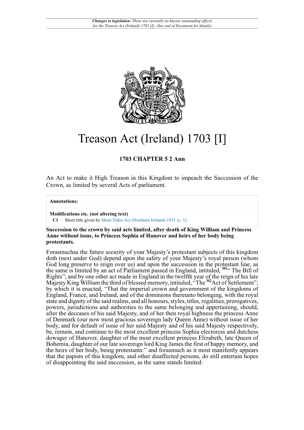 Treason Act (Ireland) 1703 [I]