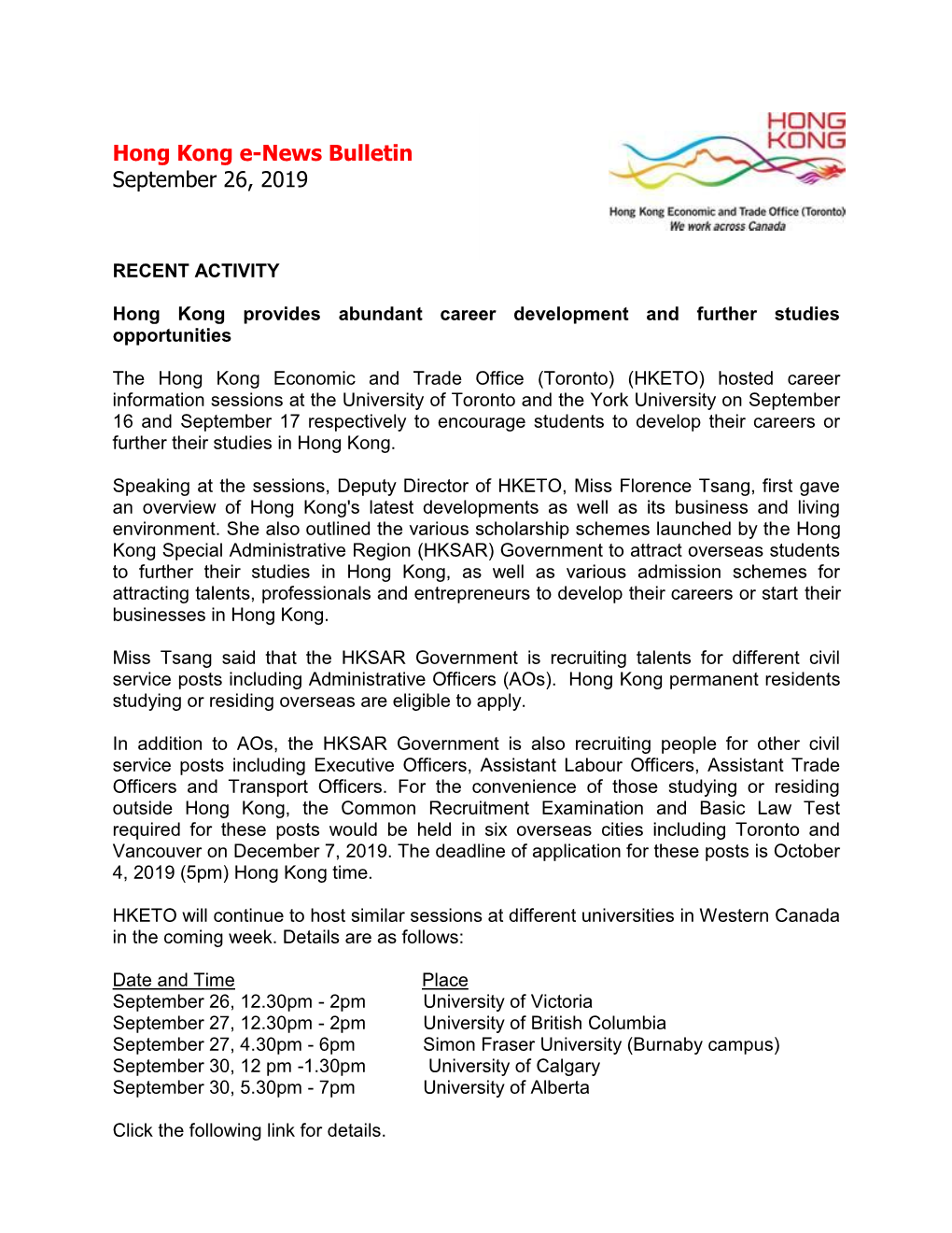 Hong Kong E-News Bulletin September 26, 2019