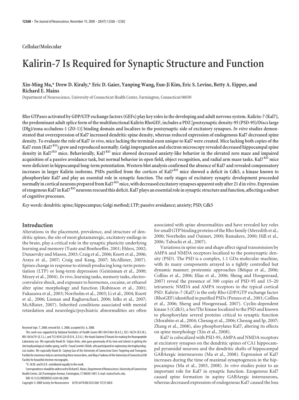 Kalirin-7 Is Required for Synaptic Structure and Function