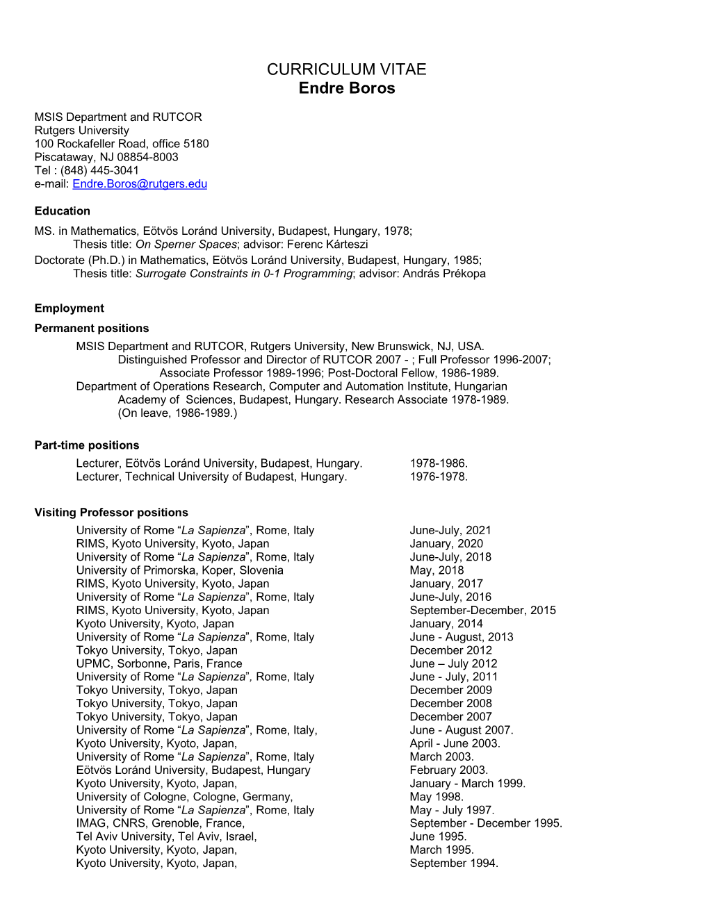 CURRICULUM VITAE Endre Boros