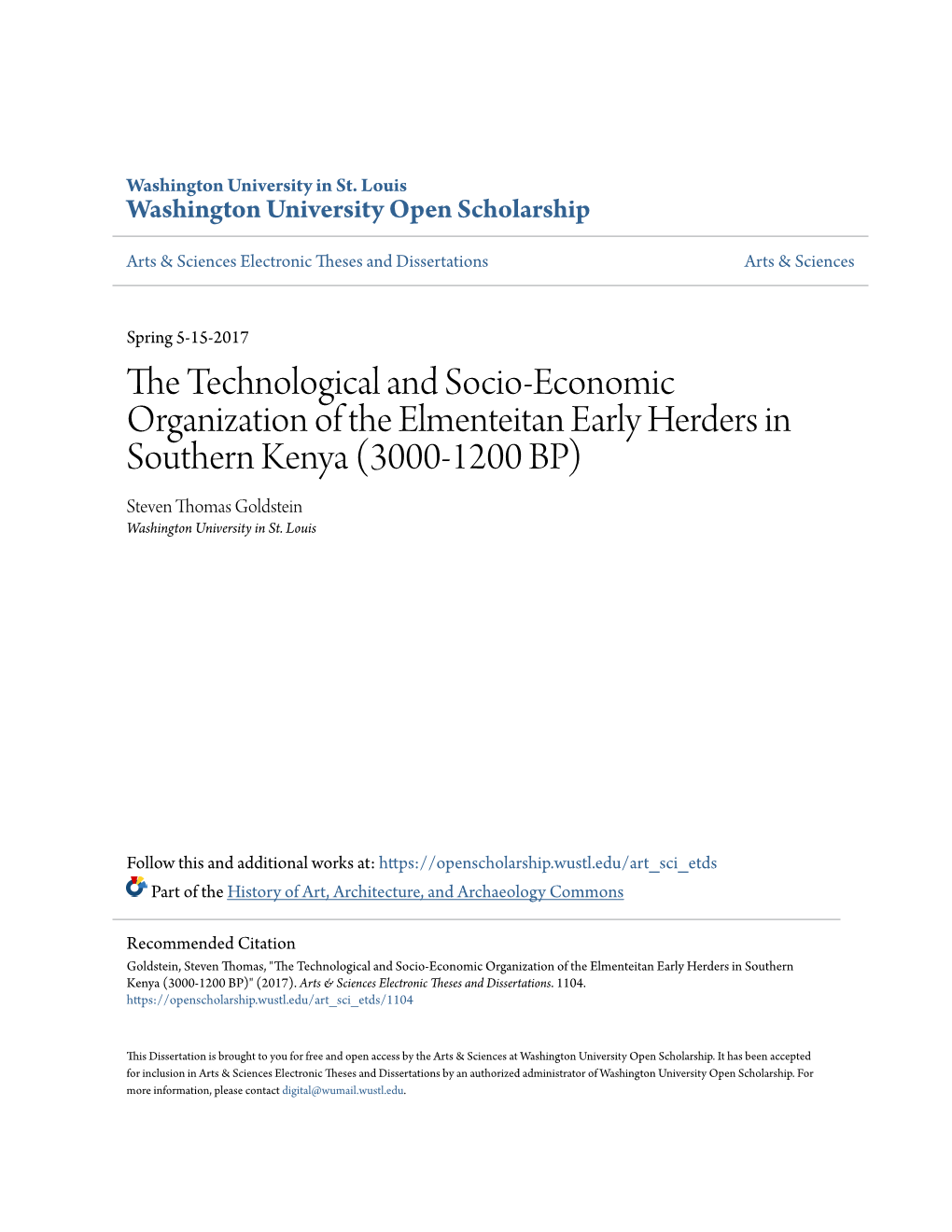 The Technological and Socio-Economic Organization of the Elmenteitan Early Herders in Southern Kenya (3000-1200 BP)