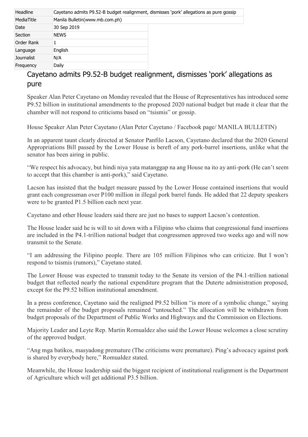 Cayetano Admits P9.52-B Budget