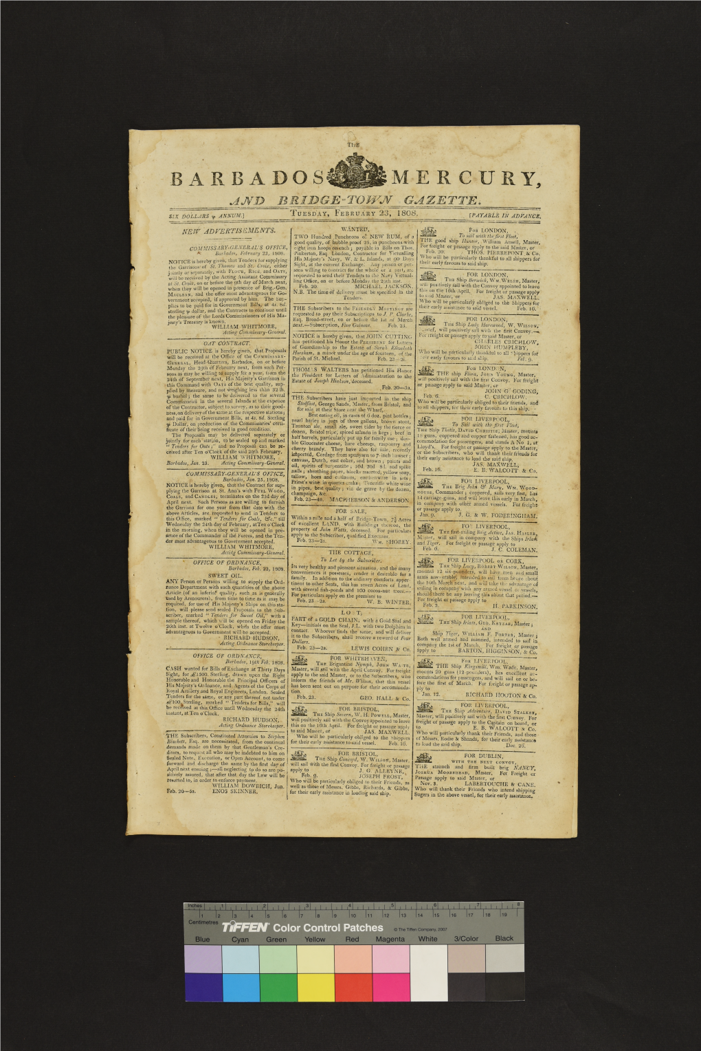 THE COTTAGE, COLEMAN: , .To Let by the Subscriver: Ti for LIVERPOOL OFFICE of ORDNANCE, ) BURA Or CORK, Its Very Tue Ship Lucy, Ropert Barbados, Feb; 22, 1808