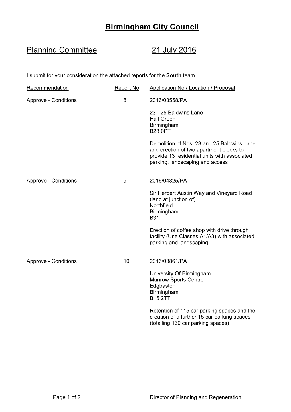 Birmingham City Council Planning Committee 21 July 2016